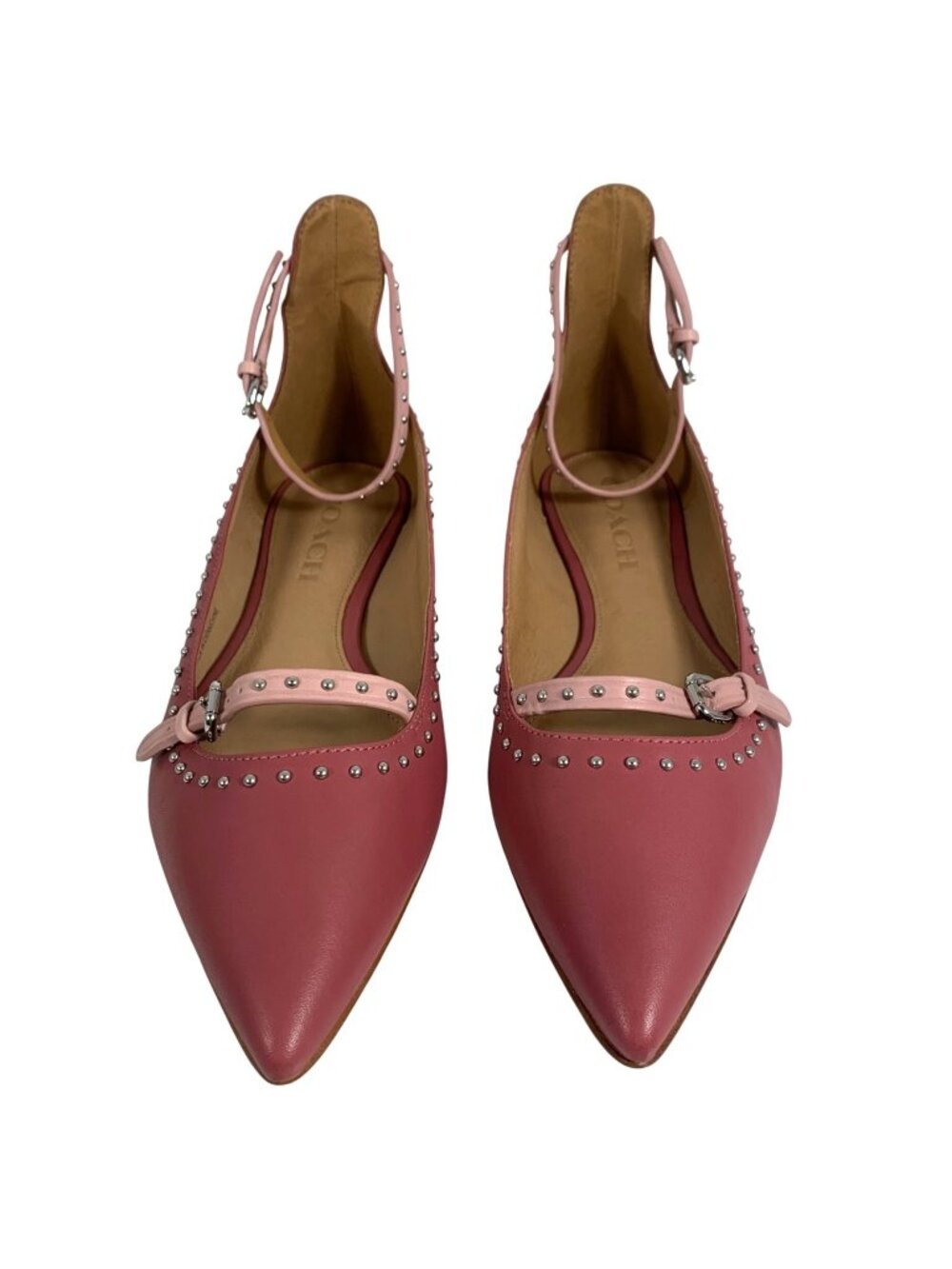 COACH Jody Pink Leather Studded Pointed Toe Flats Ankle Strap Women’s 6B NWOB